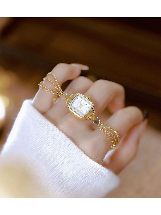 Women\'s Gold White Dainty Rectangle Ultra Thin Waterproof Quartz Bracelet Watch main image 2
